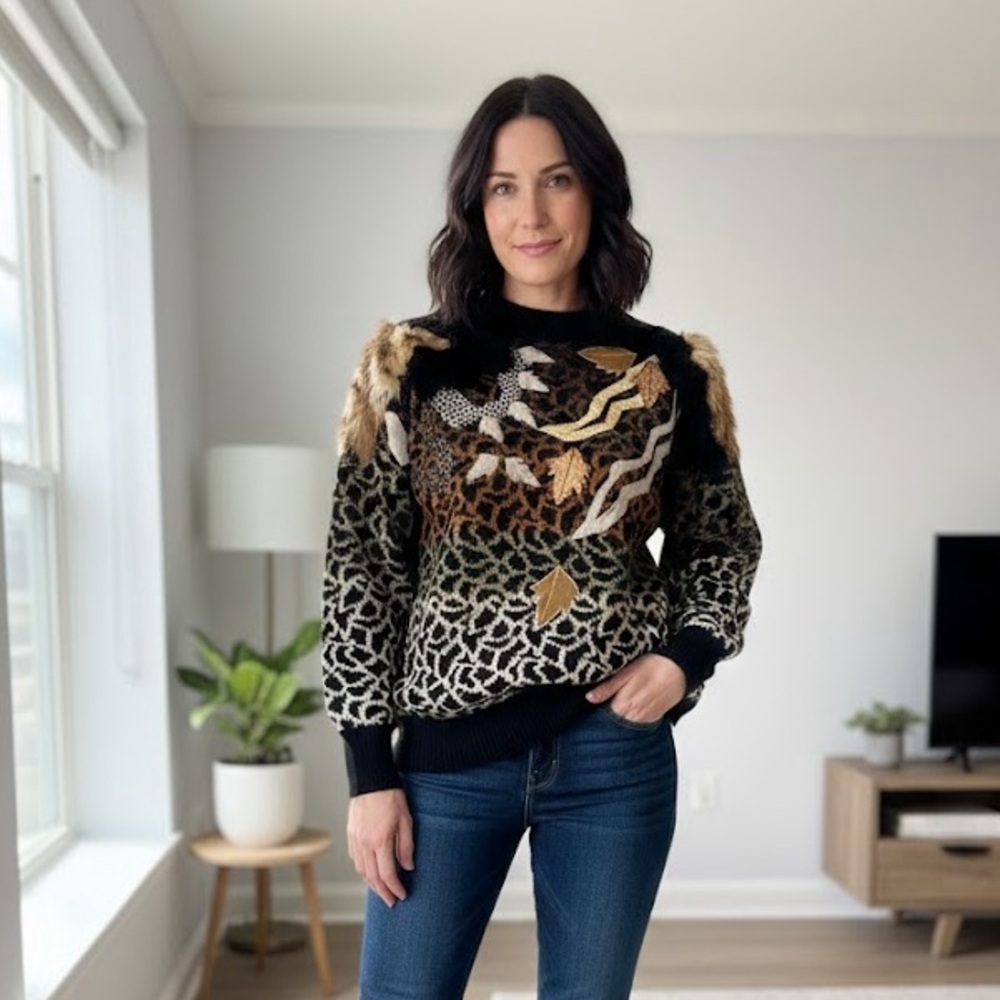 Mariea Kim Animal Print Sweater Fur Vintage 1980s Medium